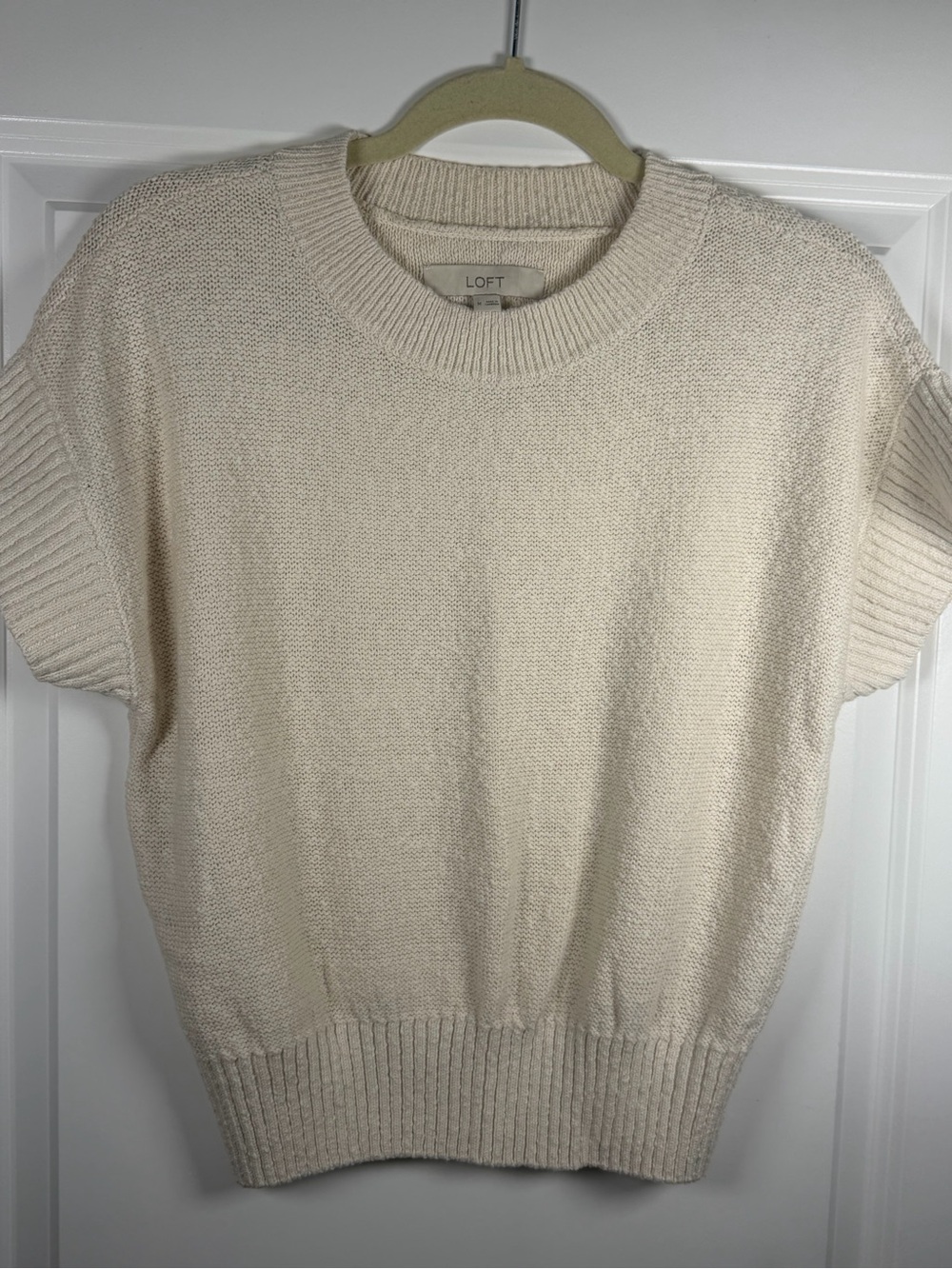 LOFT Cream Short-Sleeve Crewneck Sweater